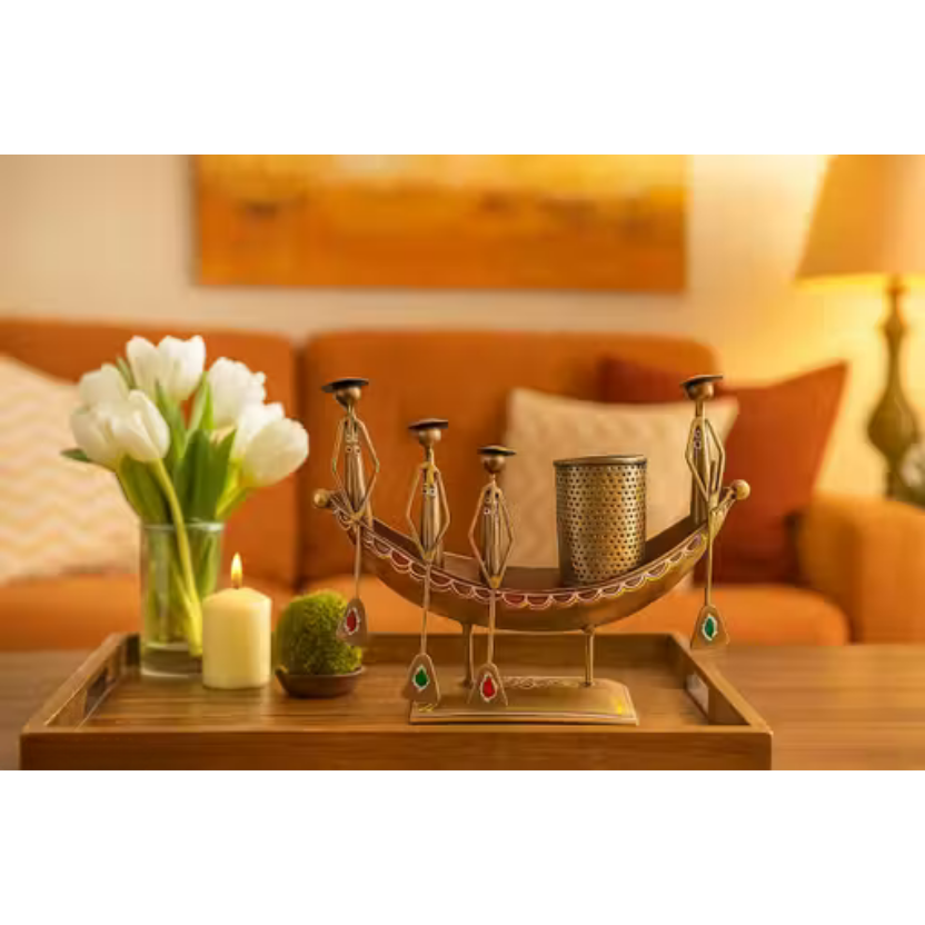 Boat Shaped Metal Showpiece with Pen Stand