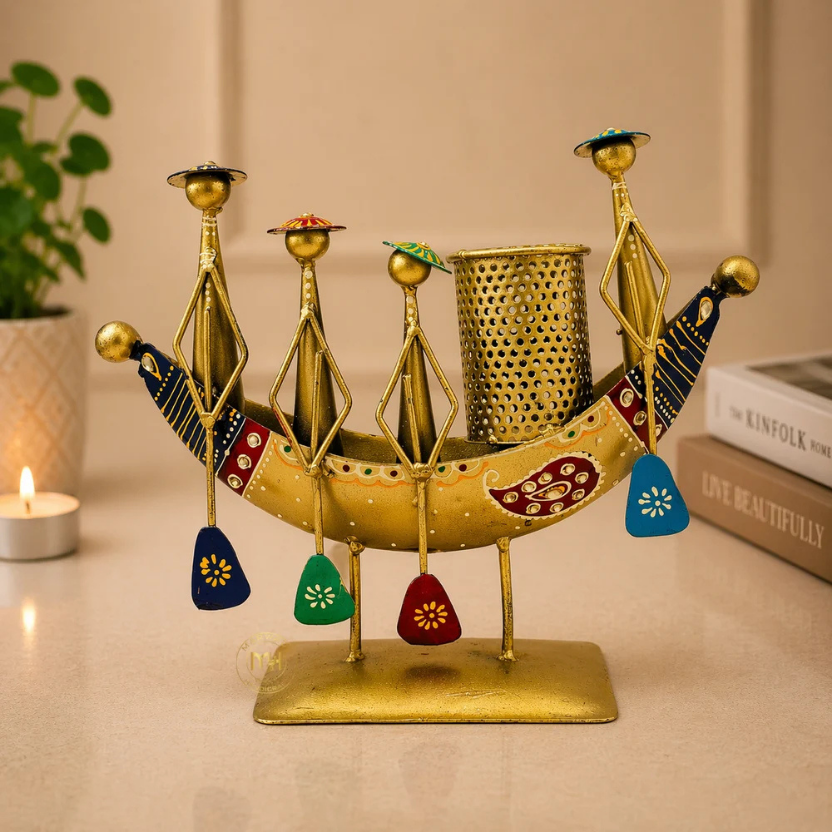 Boat Shaped Metal Showpiece with Pen Stand