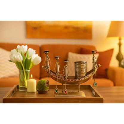 Boat Shaped Metal Showpiece with Pen Stand