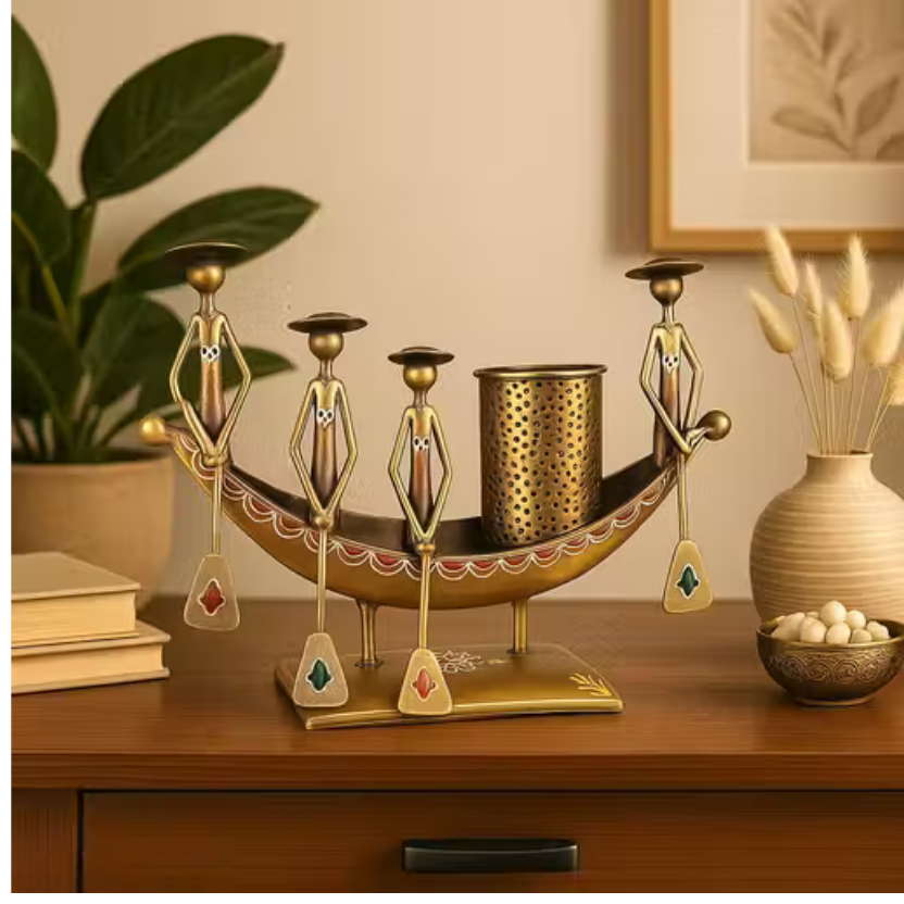 Boat Shaped Metal Showpiece with Pen Stand