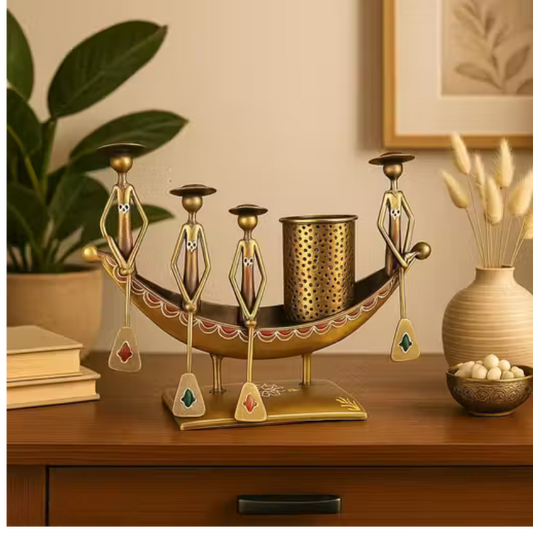 Boat Shaped Metal Showpiece with Pen Stand